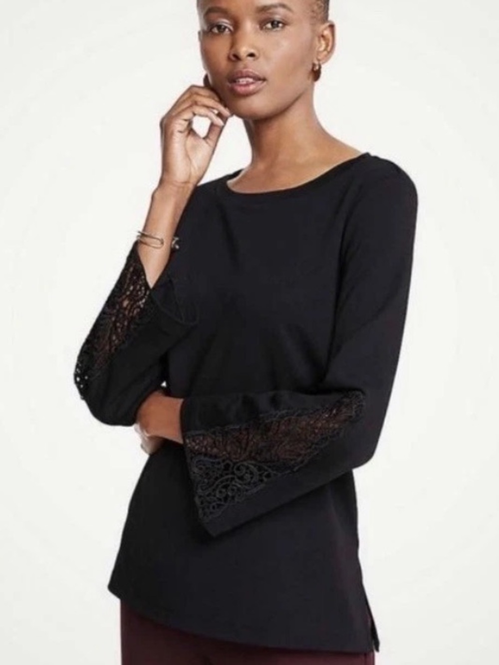 Ann Taylor XL Black Ponte Cut Out Lace Flare Sleeve Knit Top Round Neck Evenings